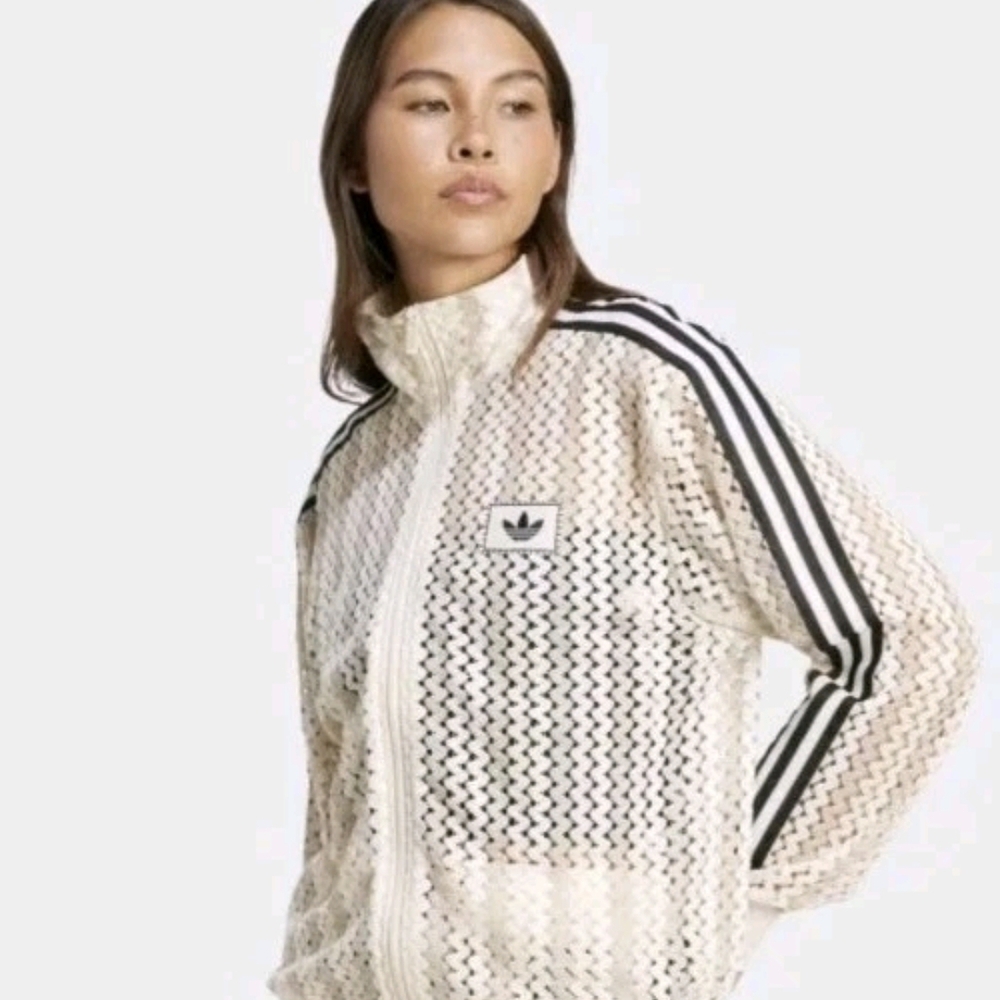 Adidas Cream Mesh Track Jacket with Black Stripes